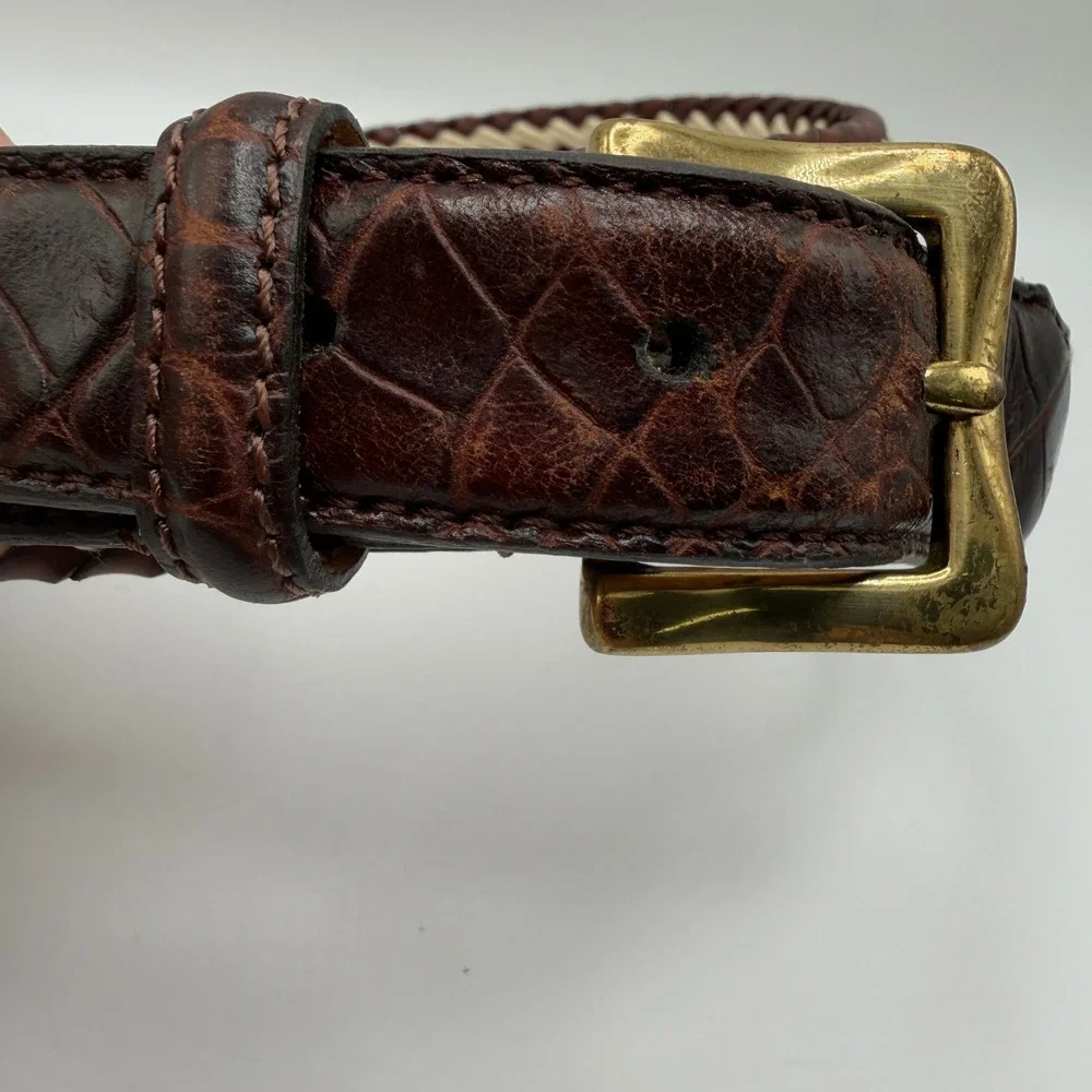 Mens‎ Woven Braided Leather Belt Brown Cream Crocodile Embossed Size 38